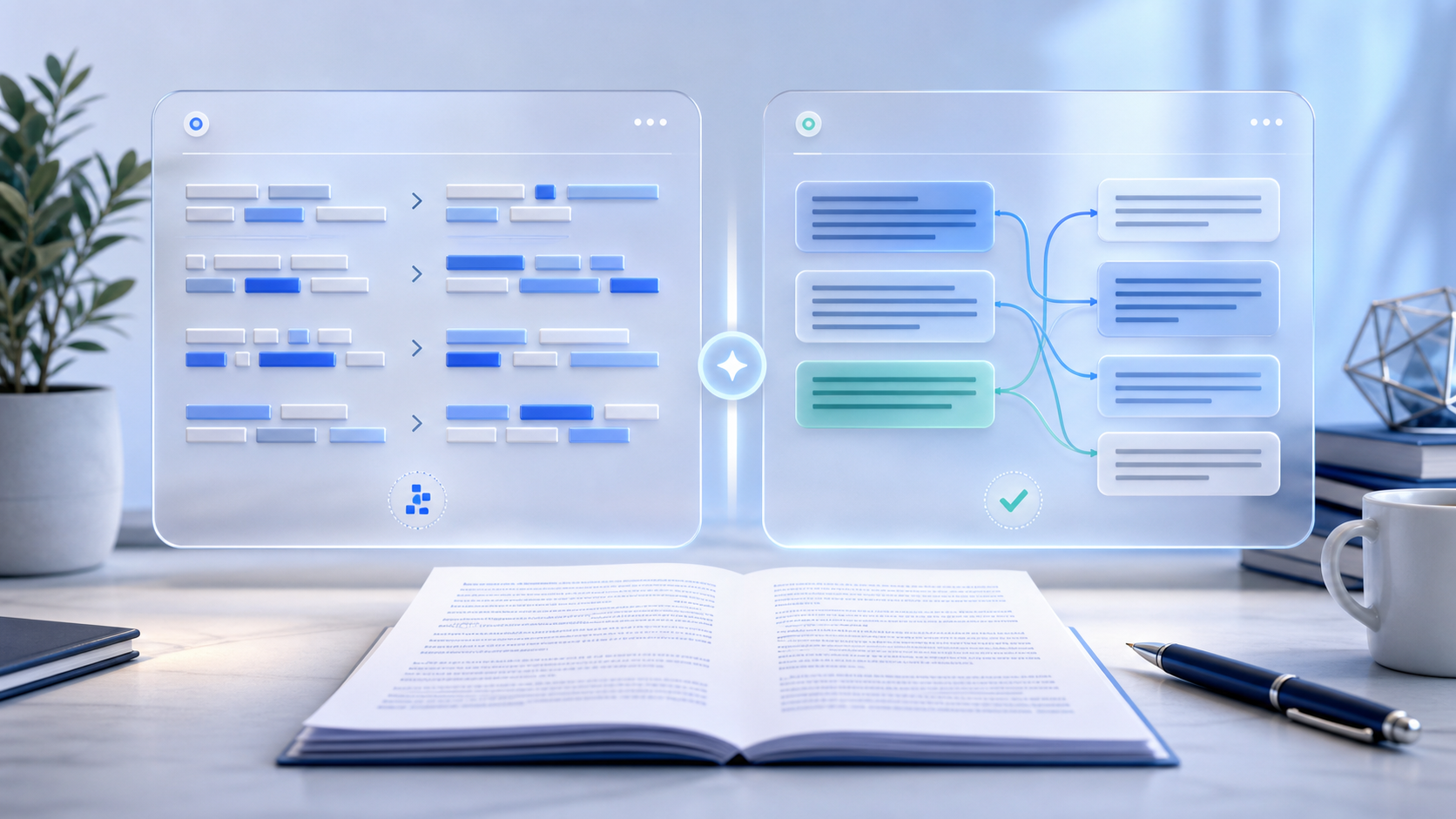 A side-by-side comparison of a paraphraser and an AI humanizer on a clean writing desk