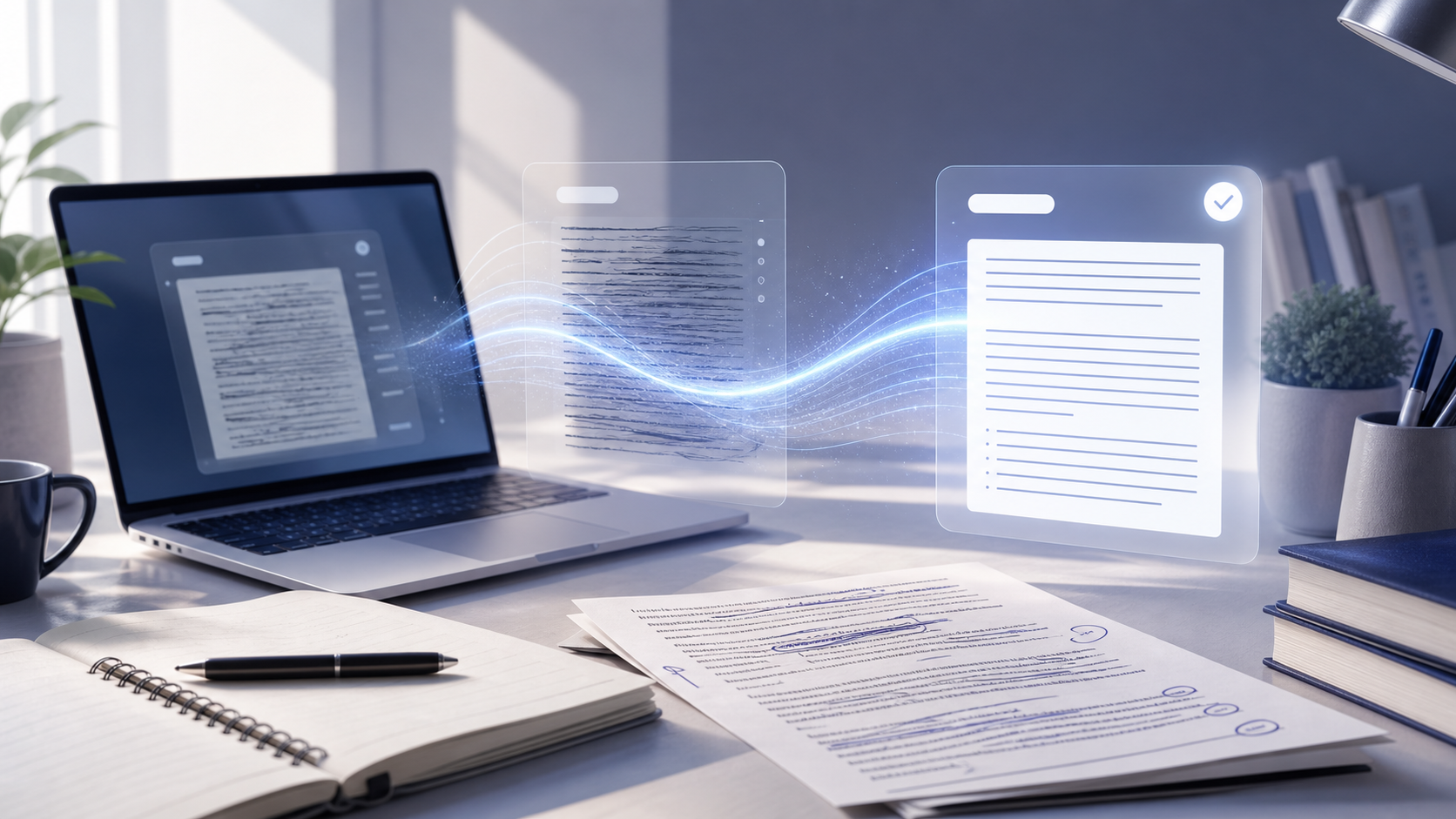A polished academic desk showing an AI draft becoming a more natural essay